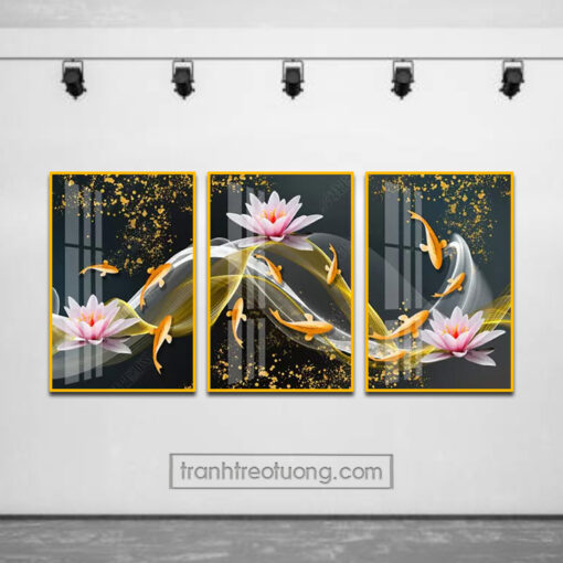 Bộ tranh Cửu ngư, cá chép, hoa sen, bộ 3 tấm TCN2817
